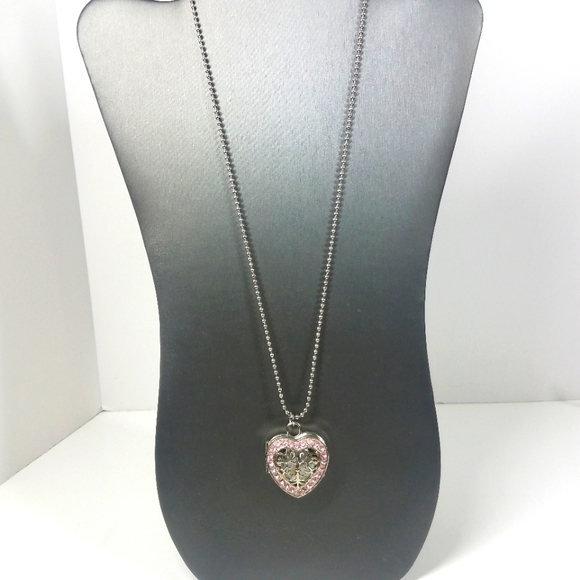 Heart Filigree Rhinestone SilvertoneWatch Necklace - Picture 3 of 7